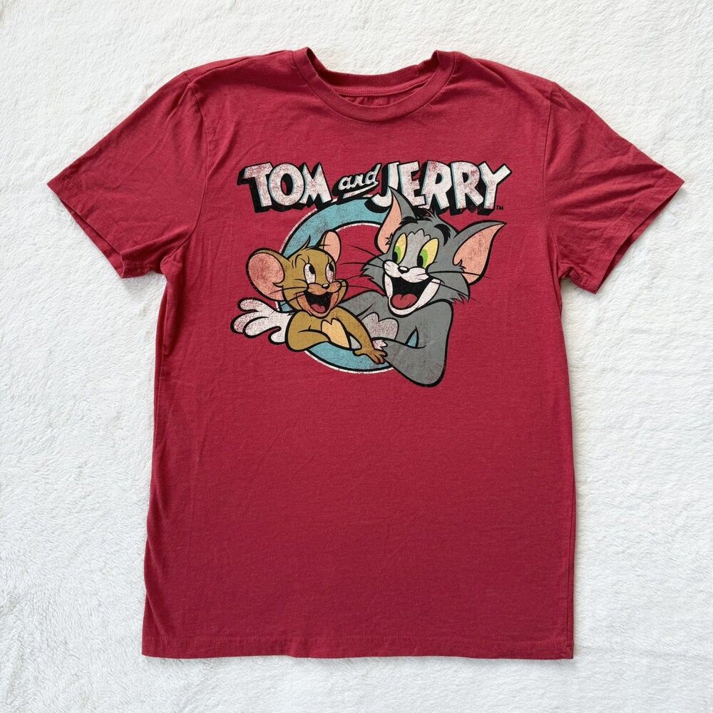 Tom and Jerry Men's Red Graphic Logo Crew Neck Short Sleeve T-Shirt Size S